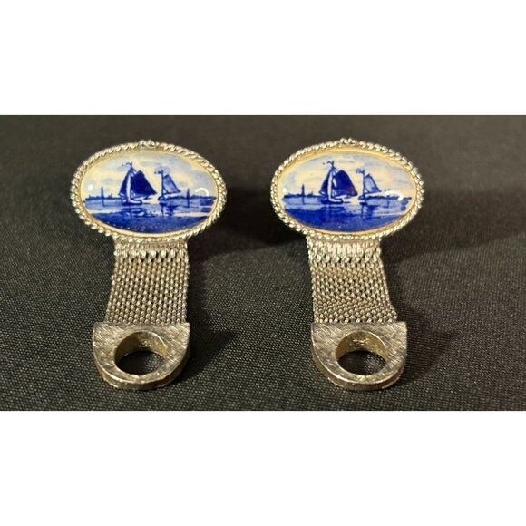 Vintage Delft Swank Nautical Blue Porcelain Sailboat Cufflinks Silver Tone Oval - Picture 2 of 13